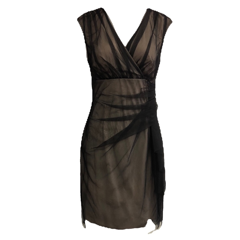 LONDON TIMES BLACK AND NUDE TULLE DRESS side zipper ruched tulle front and back